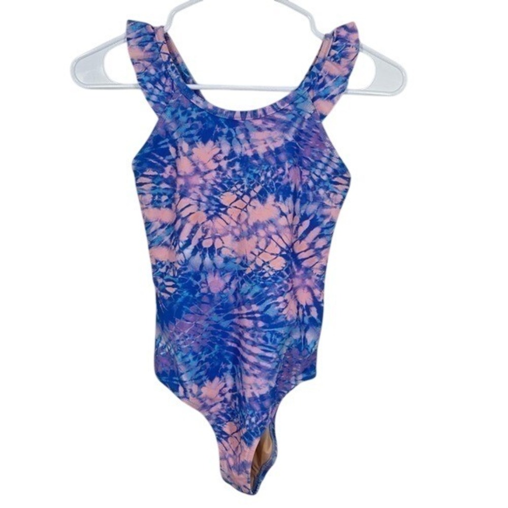 J. Crew Crewcuts Girls'‎ tie-dye ruffle-strap one-piece swimsuit Blue Pink UPF
